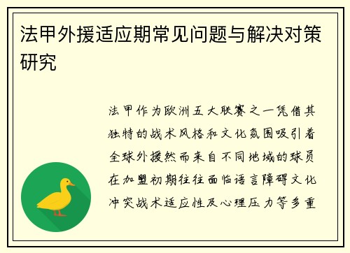 法甲外援适应期常见问题与解决对策研究